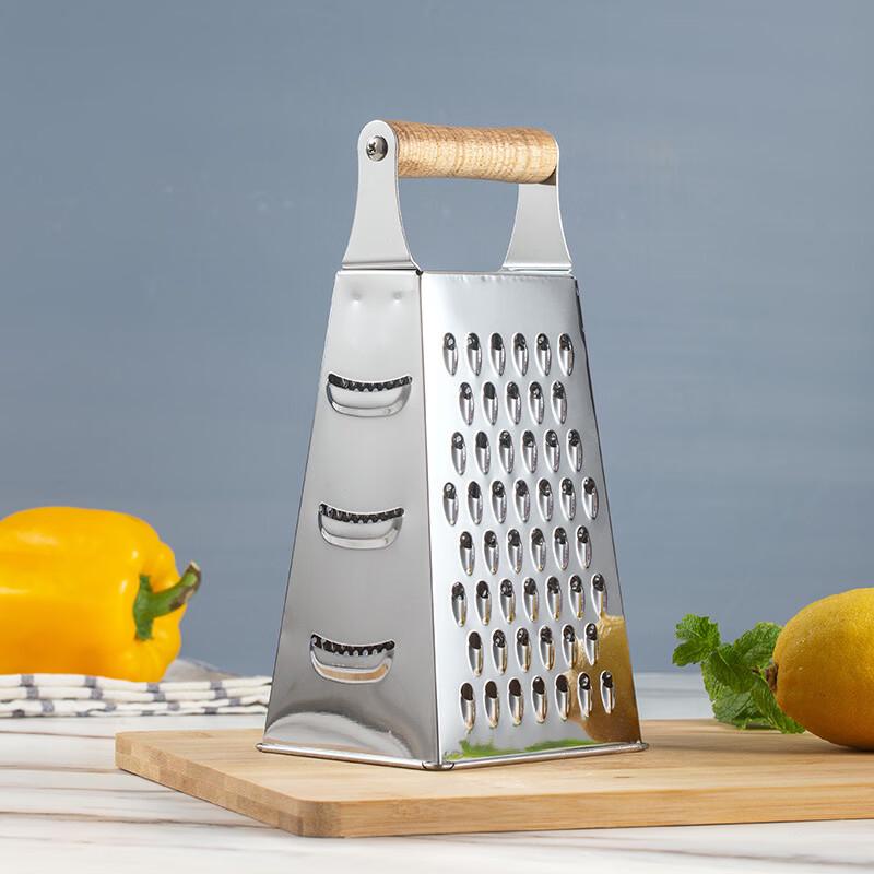 ZISIZ 9-inch Four-Sided Stainless Steel Grater with Wooden Handle