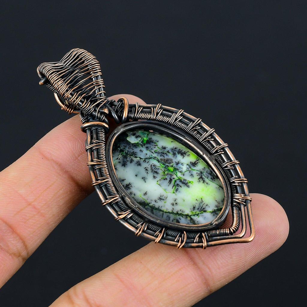 Green Dendrite Opal Gemstone Jewelry Pure Copper Wire Wrapped Handmade Pendant For Gift