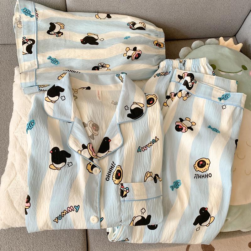 

Летний женский пижамный комплект из хлопка Blue Bear — с короткими рукавами, милый мультяшный дизайн, домашний комплект из трех предметов. M (75-100 Jin)