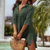 Beach Shirts Solid Cover Ups for Swimwear with Pockets Women Summer Tunic Half Sleeve Holiday Bathing Suits