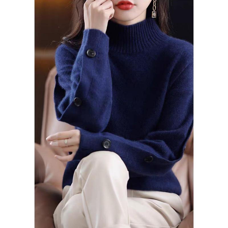 Autumn Winter Half High Collar Loose Casual Solid Color Sweater Women Simple All-match Bottomed Knitting Top