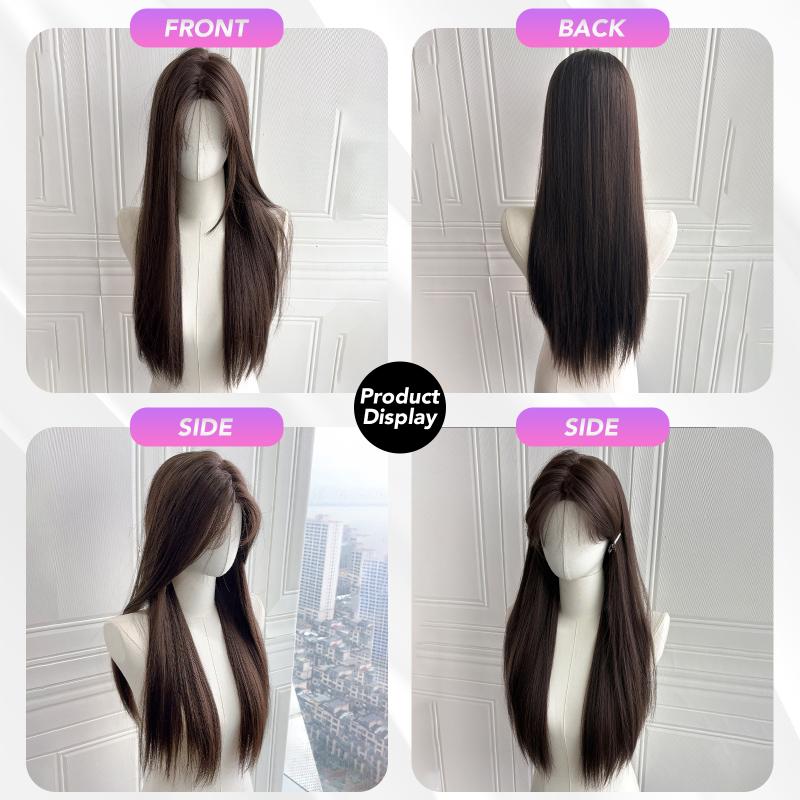 28 Inch Brown Front Lace Wigs Straight Wigs Fiber Synthetic Heat-resistant Realistic Curly Wigs Party For Women Korean Fashion