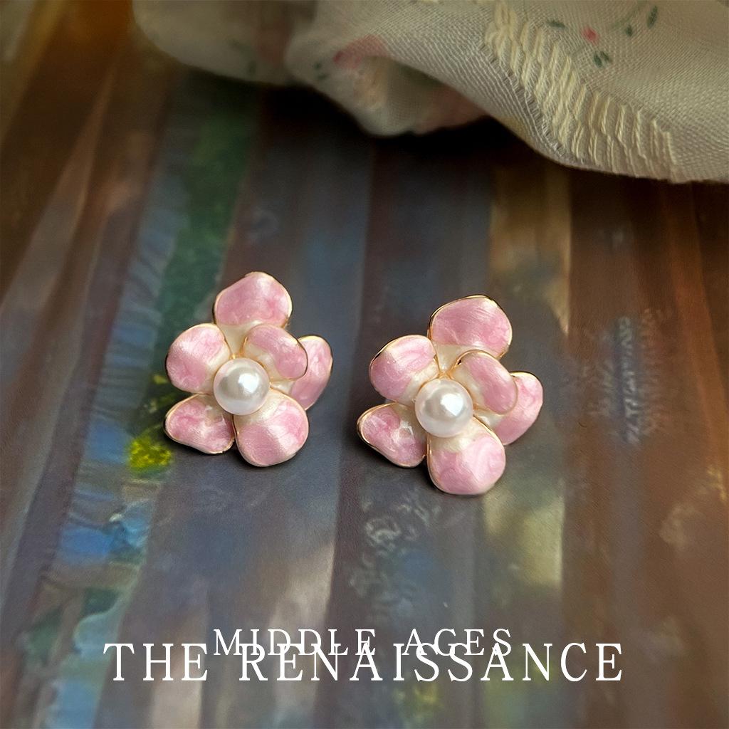 Средневековые эмалированные серьги-гвоздики с розовым цветком, глазурь капля, модные, легкая роскошь, маленькие, свежие, жемчужные серьги, серьги