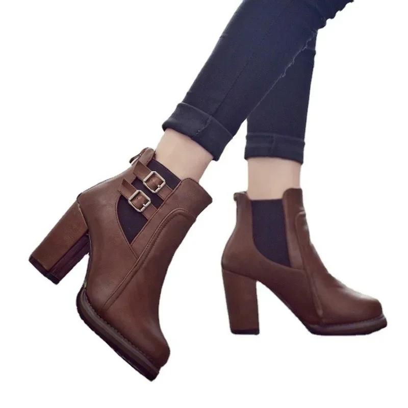 New Retro High Heel Elastic Belt Buckle Short Boots Fashionable High Heel Ankle Boots for Women