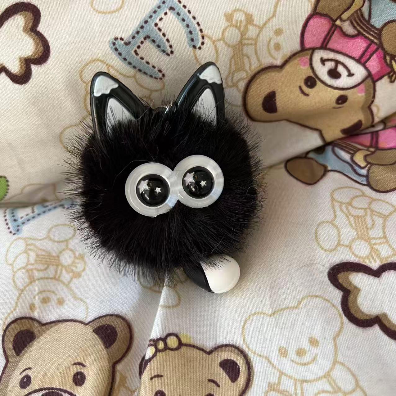 Cute Faux Mink Fur Kitten Keychain: Plush Heart-Shaped Cartoon Doll Bag Accessory чёрный