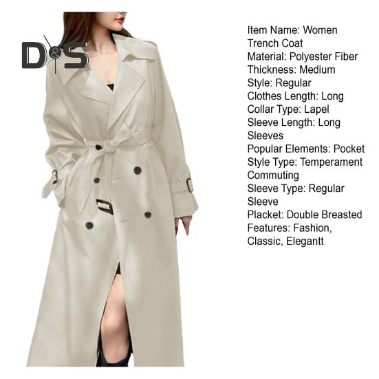 Dámský dvouřadý dlouhý trenčkot, větruodolný, štíhlý kabát s klopou a páskem, větrovka, jaro/podzim