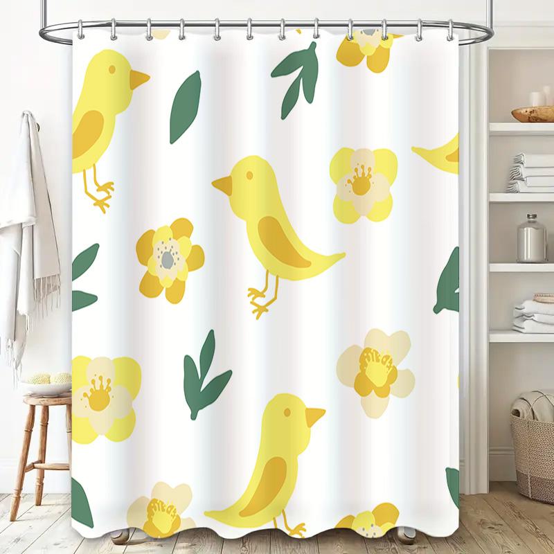 Animal Print Shower Curtain Yellow Flowers Birds Pattern Waterproof Fabric Bathroom Decor White Background (128 characters)