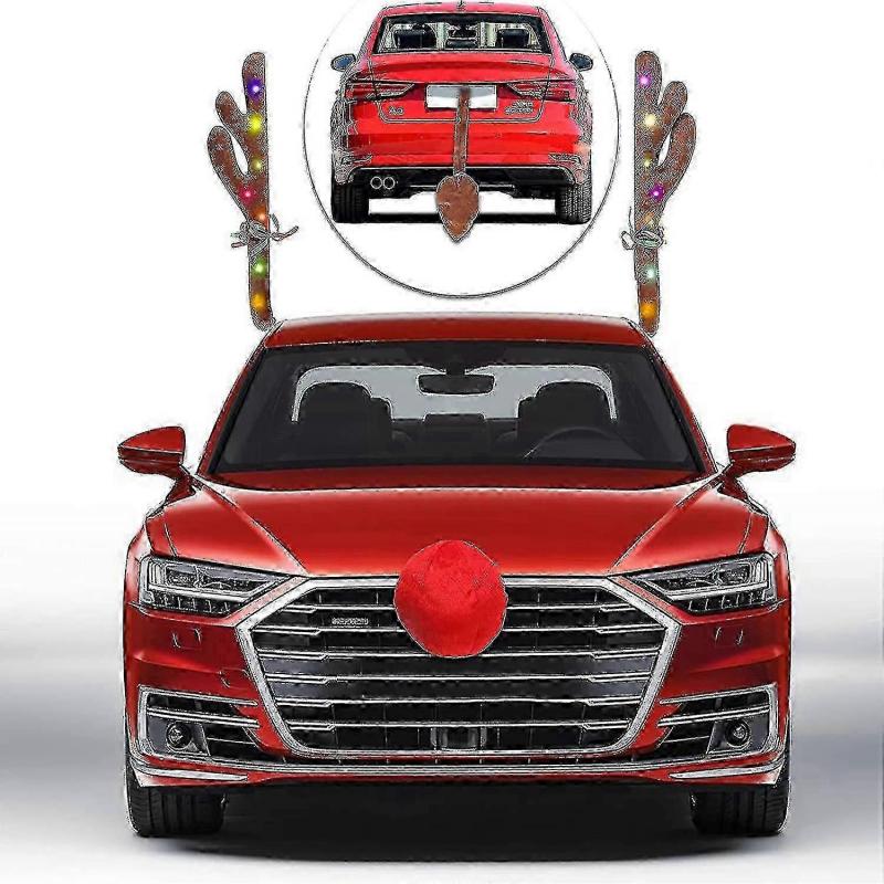 2025 Reindeer Christmas Antlers for Cars - Car Kit with LED Lights, Nose, Tail, Top & Grille, Rudolph Reindeer