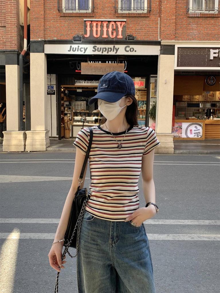 Women's Summer 2025 Popular Striped Short Sleeve T-shirt | Unique & Stylish Straight Shoulder Design