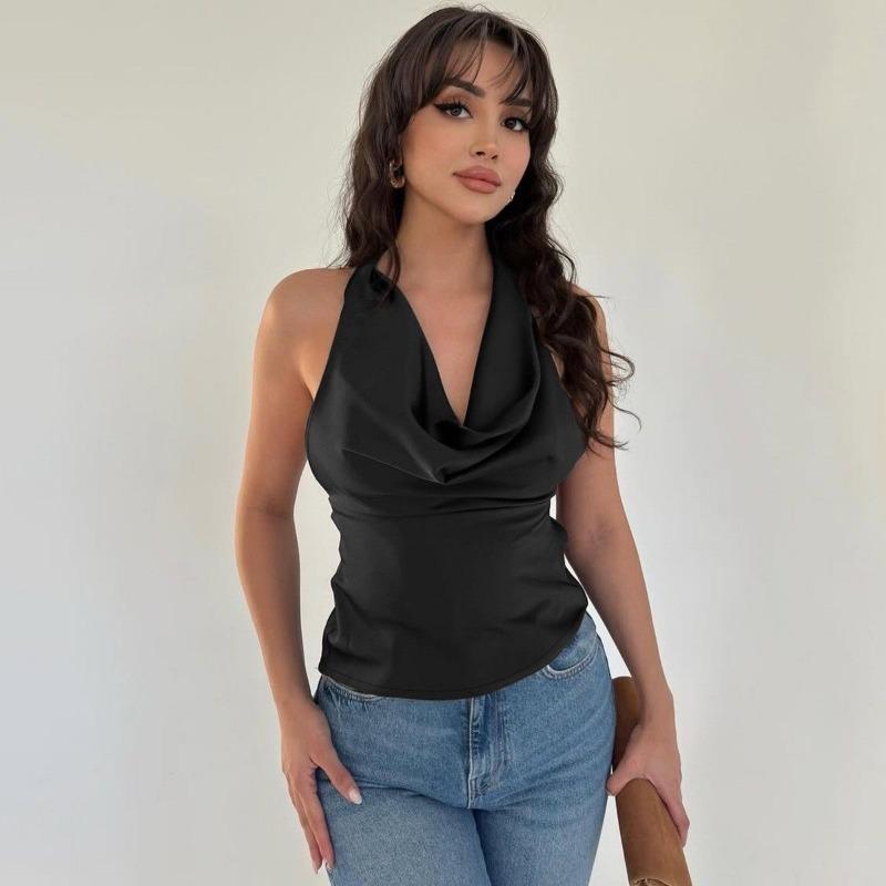 Top de satén para mujer con cuello halter, escote drapeado, sin mangas, elegante, para fiesta, casual