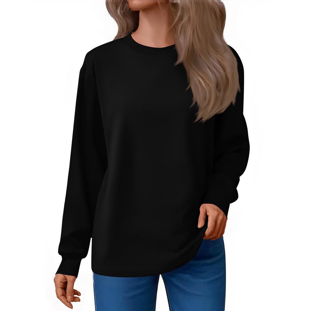 Women's Fashion Loose Round Neck T-Shirt Solid Color Casual Long Sleeve Top