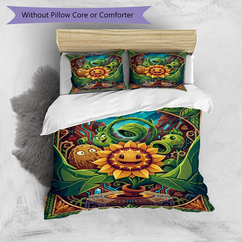 3pcs Duvet Cover Set (1*Duvet Cover + 2*Pillowcase, Without Core), Plants VS Zombies Print Bedding Set, Bedroom Decor, All‑Season, Birthday Gift