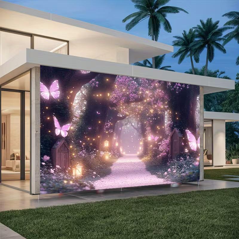 2D Whimsical Woodland Backdrop with Glowing Lanterns for Events and TV Shows