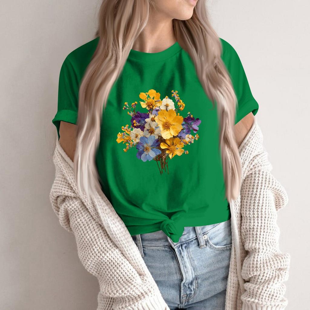 Women's Fashion Casual Printed Round Neck Short Sleeved Pullover T-Shirt Top