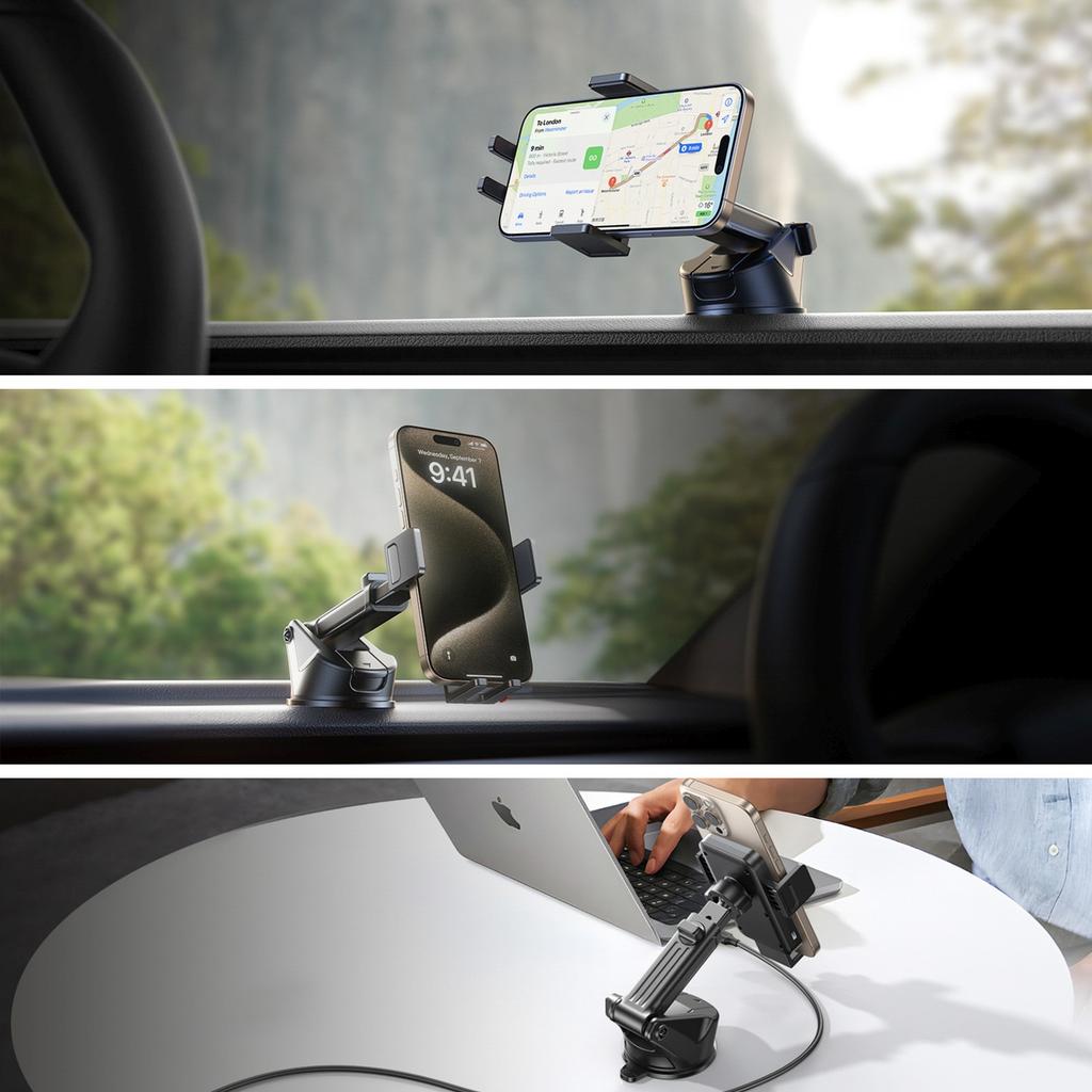 Car phone holder with inductive charger for dashboard - black