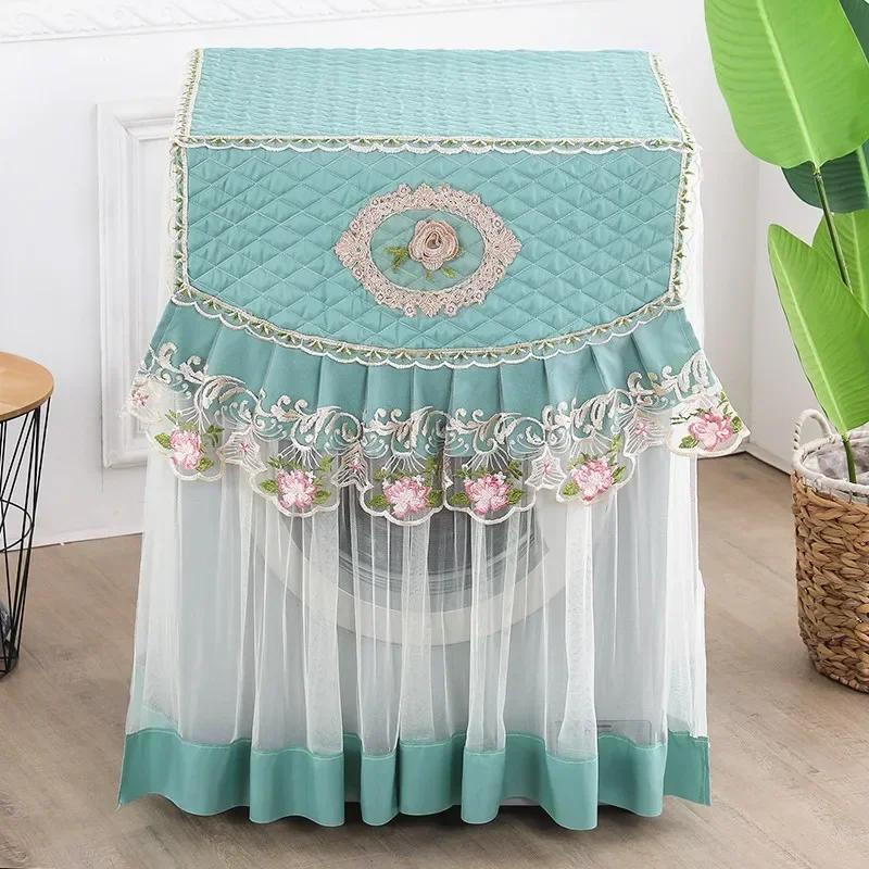 Washing Machine Cover Universal Washing Machine Cover with Roller and Wave Wheel Upflip Washing Machine Dustproof Lace Cover