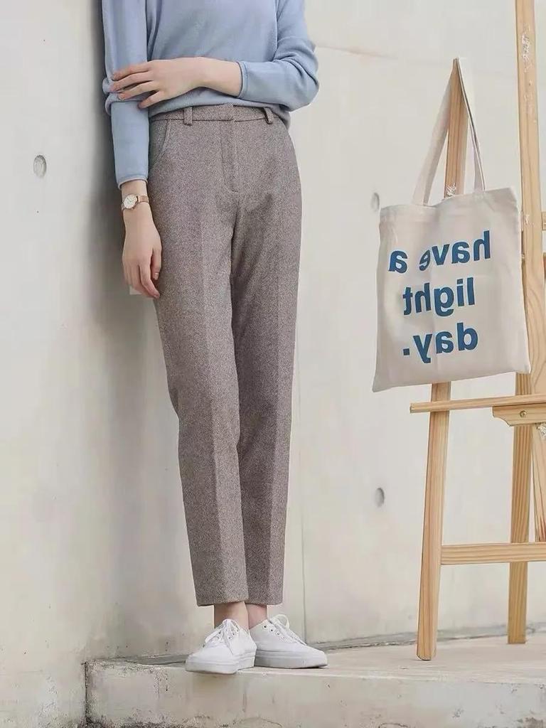 Damen High-Waist Fischgräten-Wollhose: Schlank, Lässig und Professionell