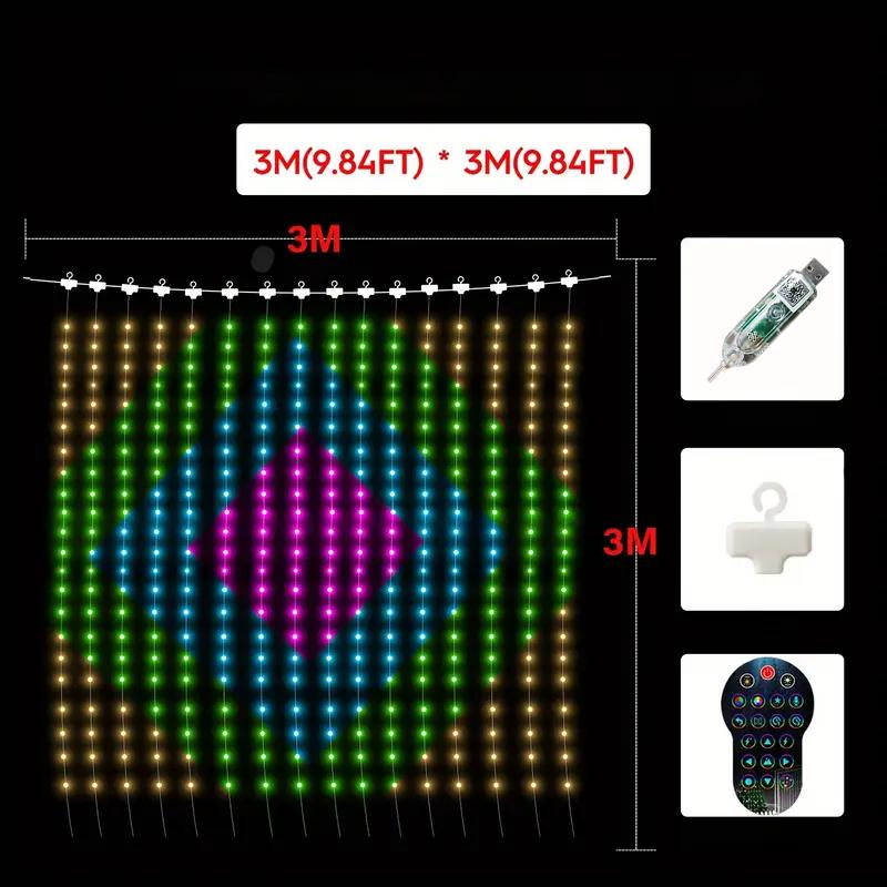 Smart Curtain Lights 400LED Curtain Light App LED String RGB Fairy Lights DIY Music Change Display for Window Bedroom Decoration