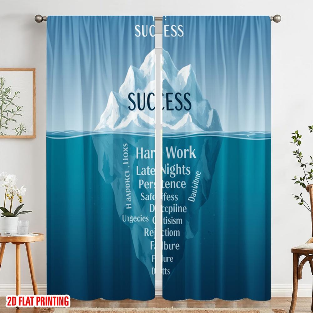 2pcs 2D Flat Printing Curtain Iceberg Success Hard Work Persistence Polyester Fabric Without Electricity Festive Curtains