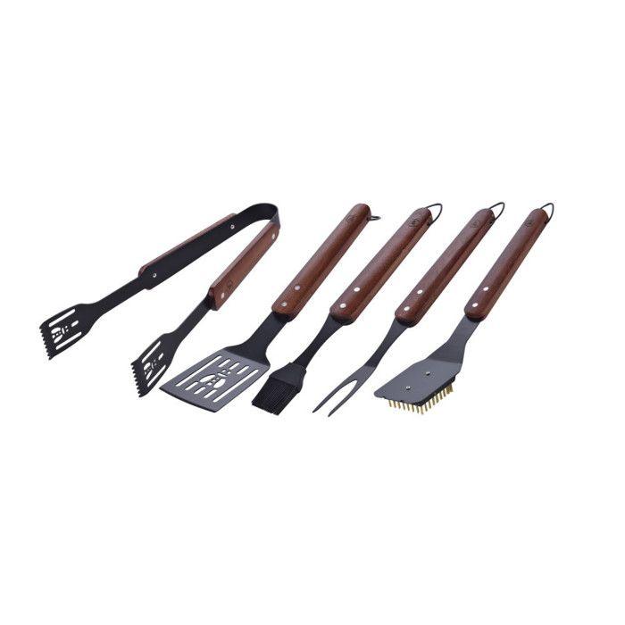 LAGUIOLE LAGUIOLE Black Edition Set 5 Ustensiles Barbecue, Premieum Manche en Bois de Caoutchouc, Acier Inoxydable, Silicone,