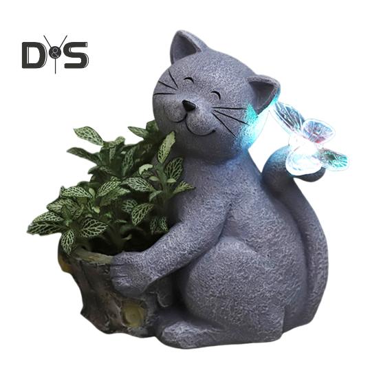 Solar Garden Blomsterpotte Kattestatue med LED-sommerfugl Vanntett Plantekrukke Kattunge Resin Figur Skulptur Utendørs veranda Hage Plendekorasjon