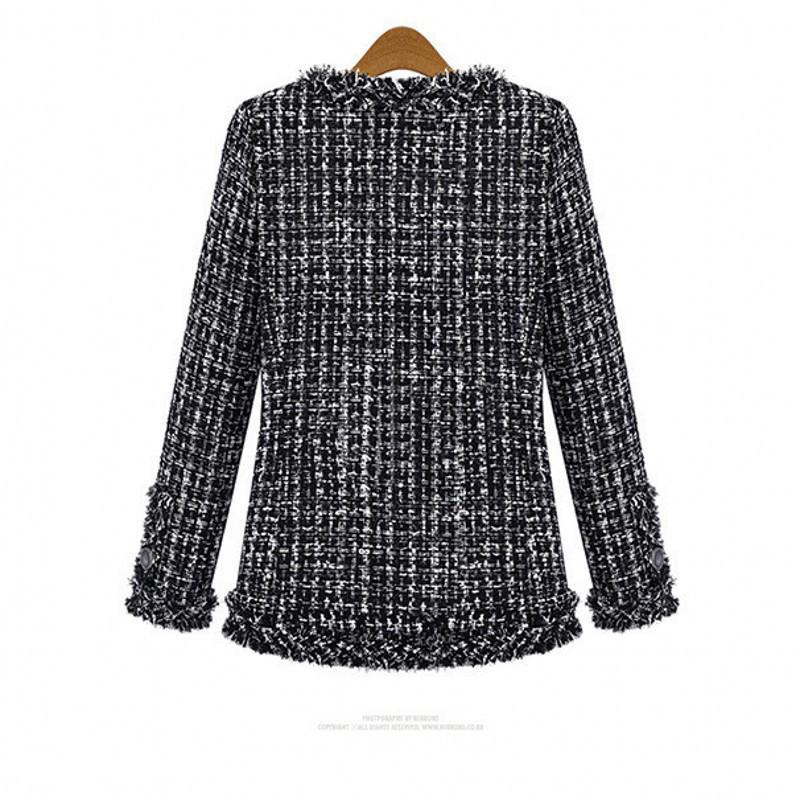 European & American Style Black and White Plaid Tweed Coat, Plus Size, Women's Autumn/Winter Collection.