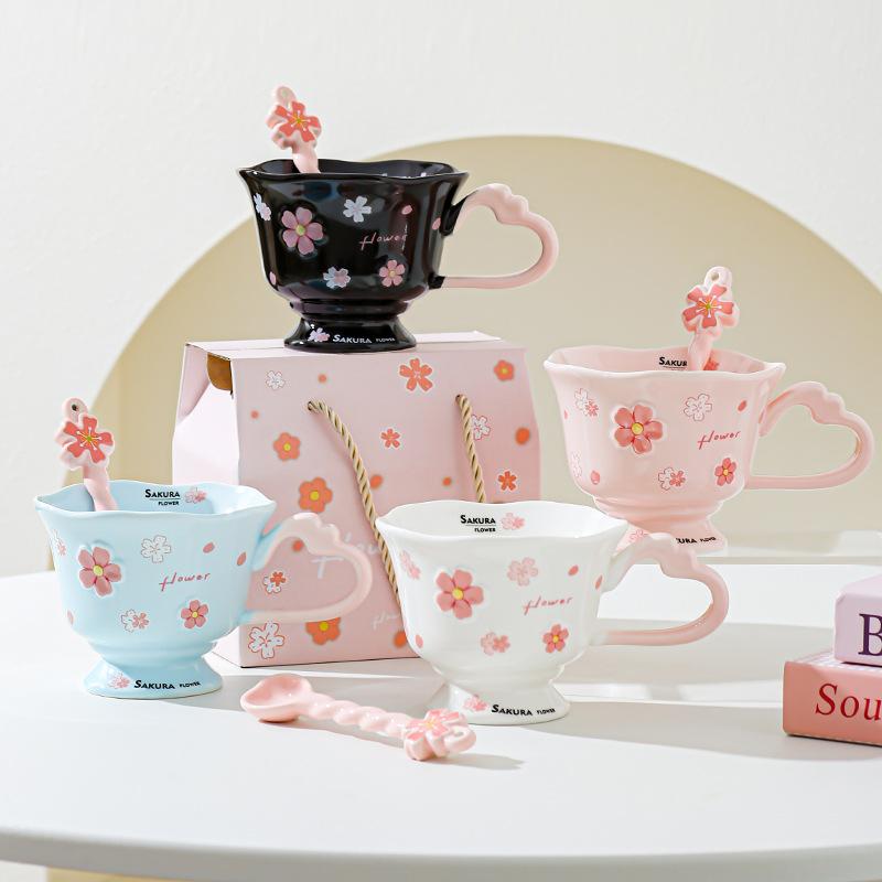 High Looking Cherry Blossom Goblet Souvenir Ceramic Girl Office Drinking Water Cup Breakfast Cup Elegant Cup