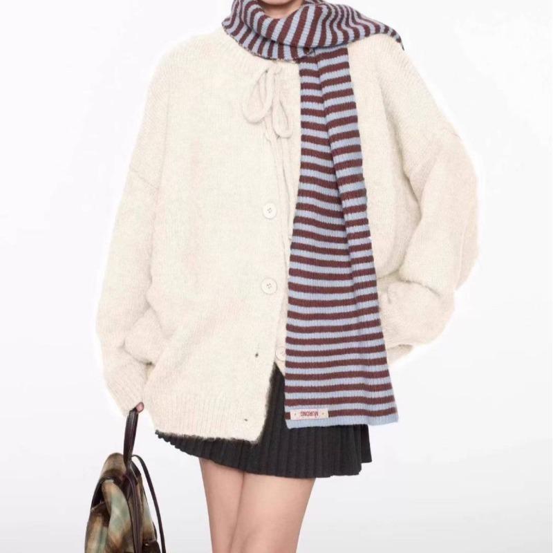 Autumn and Winter Retro Lace-up Sweater Jacket Women's Loose Lazy Style New Knitted Cardigan Top Women