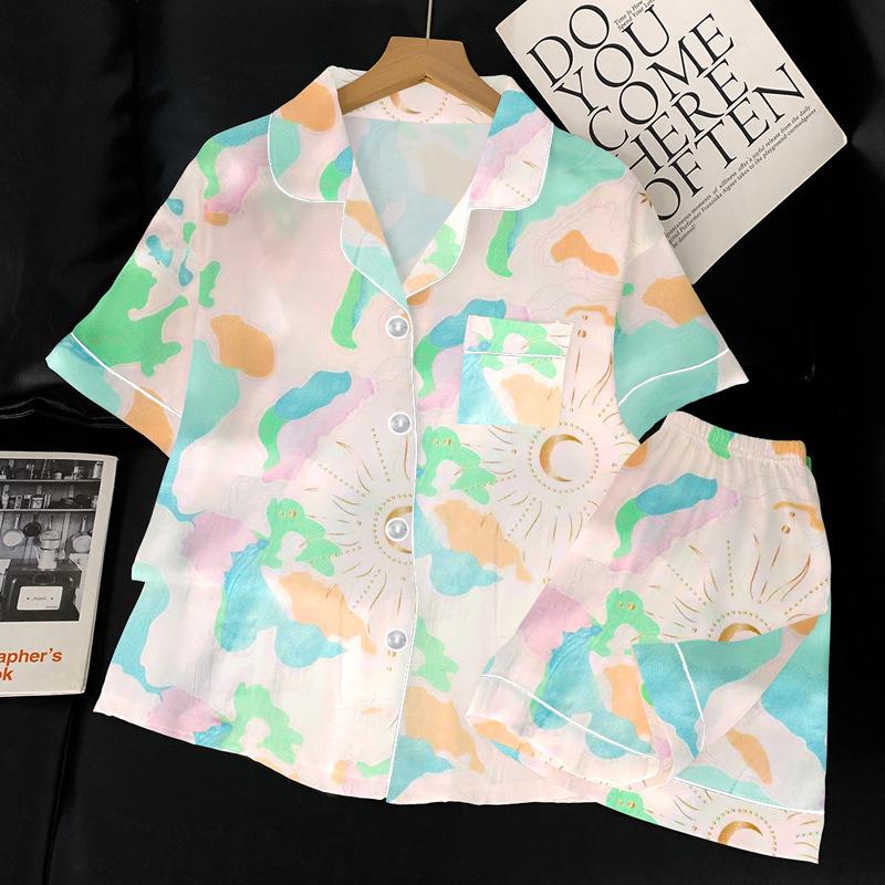 Cartoon Cat Print Ice Silk Pajamas Women'S Summer Short-Sleeved Cardigan Set Loungewear