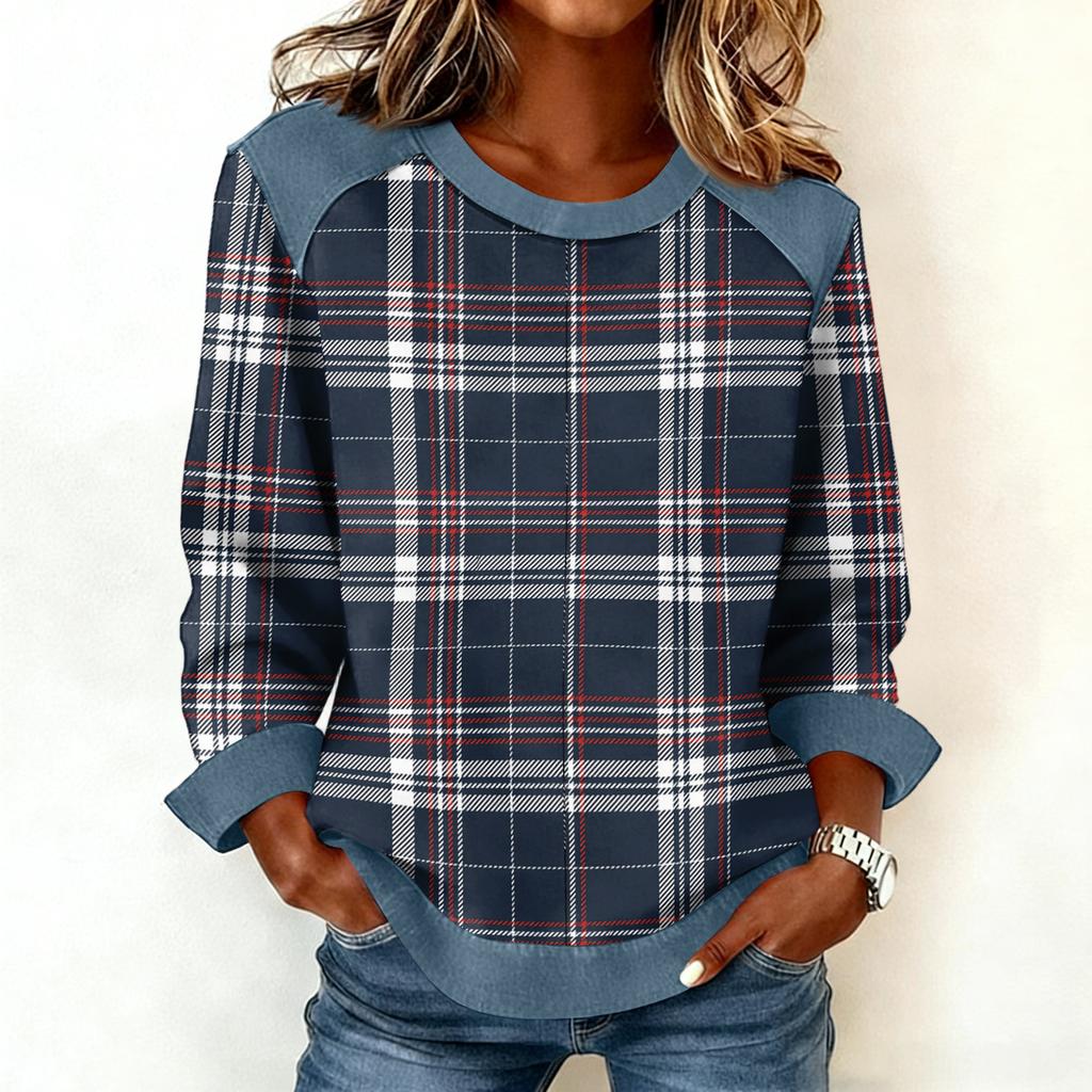 Women Denim Collar Patchwork Stitching Sweatshirt Casual  Pullover Long Sleeve Shirts