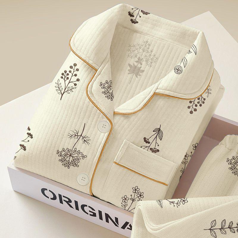 

Женский утолщенный теплый пижамный комплект Осень Зима Хлопковая подкладка Длинный рукав Принт Кардиган Домашняя одежда Комплект из двух предметов XL