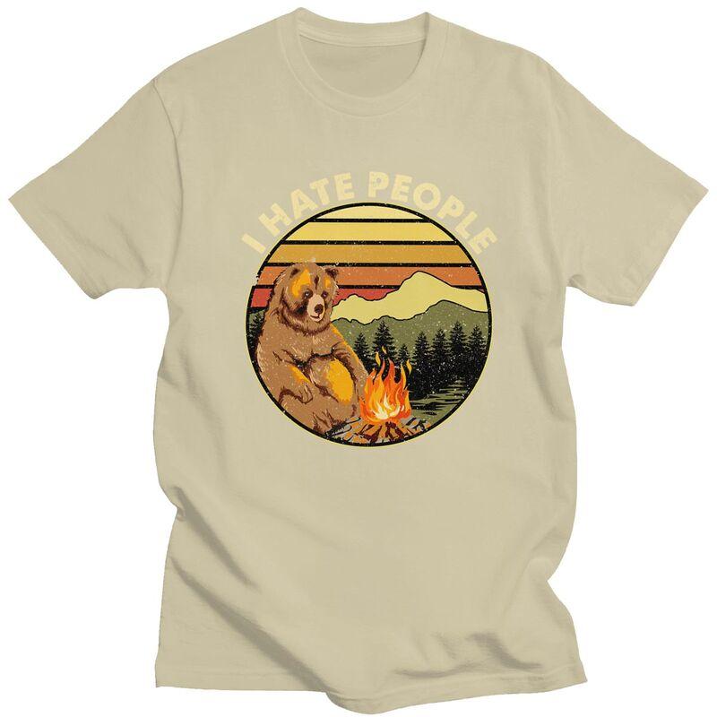 Custom Mens Bear Camping I Hate People T Shirts Short Sleeve Cotton Tshirts Casual Adventure Capmer Tees Loose Fit Clothing