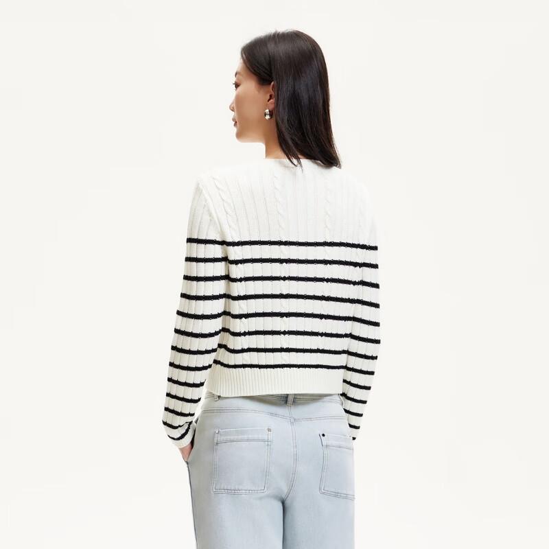 Veromoda 2025 Spring Striped Round Neck Knit Sweater with Faux Pearl Embellishment