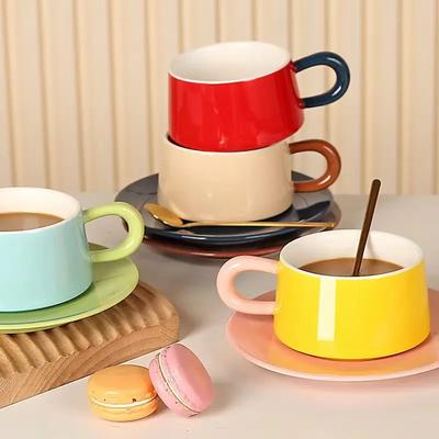 Vintage Keramiktassen Einfarbig Espresso Kaffeetasse Untertasse Set mit Löffel Exquisite Nachmittagstee Milch Cappuccino Tasse Trinken