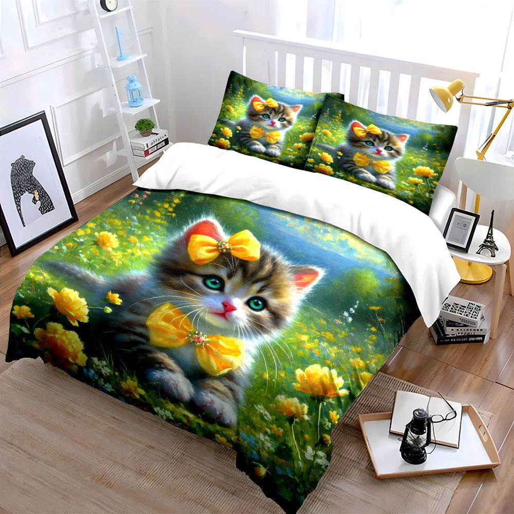 Adorable Cat With Bright Yellow Flowers Print Soft Comfortable Duvet Cover Bedding Set Included 1*Duvet Cover  2*Pillowcases