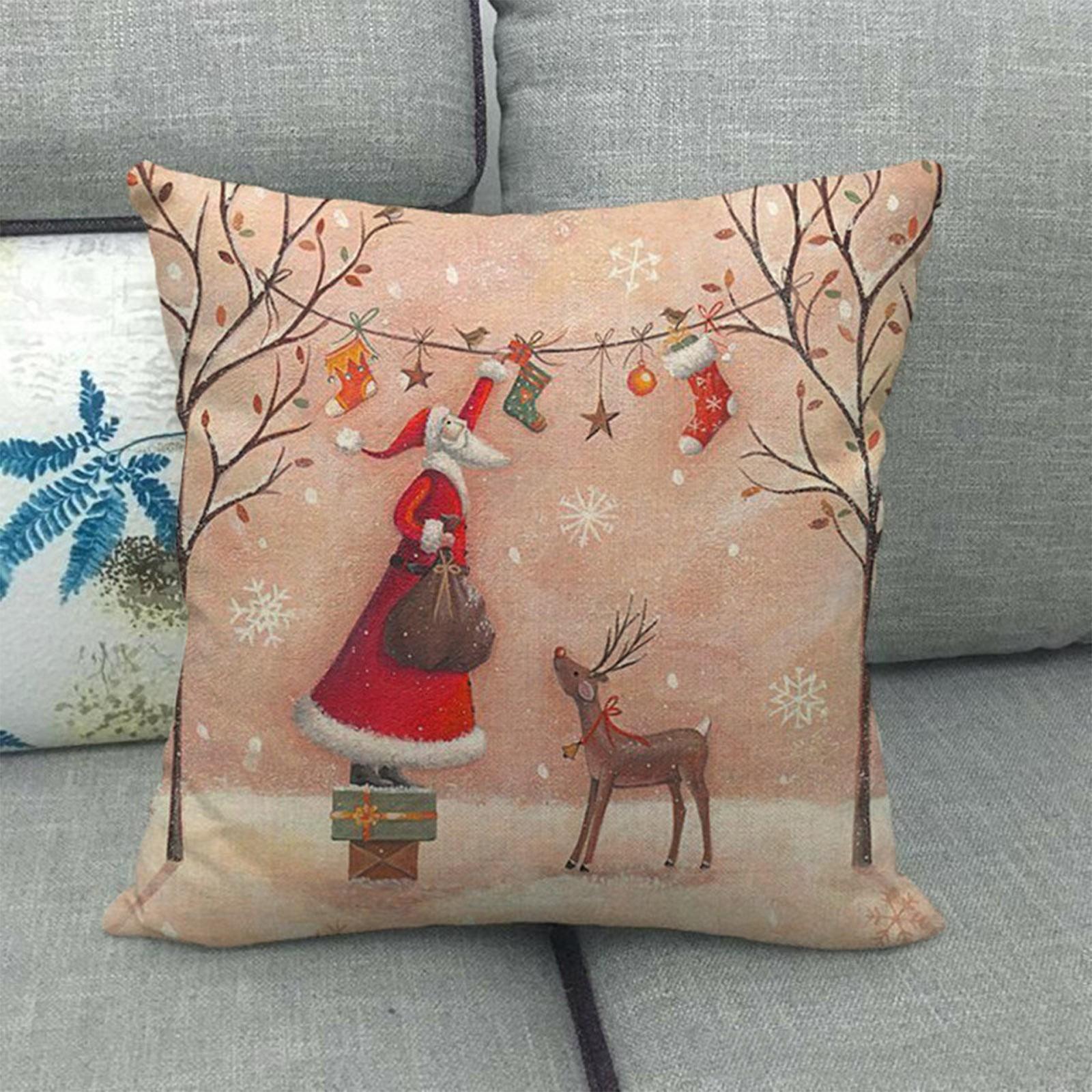 

Christmas Pillow Cover Linen Hand-painted Home Claus Elk Pillow Cover Sofa Cushion Cover One Size