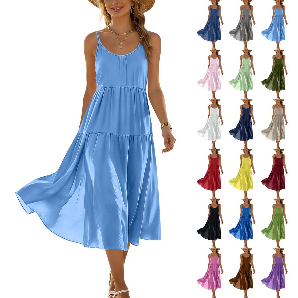 Zomerjurk voor dames, mouwloos, met verstelbare bandjes, bohemien, midi, met zakken, voor strandvakantie, casual kleding