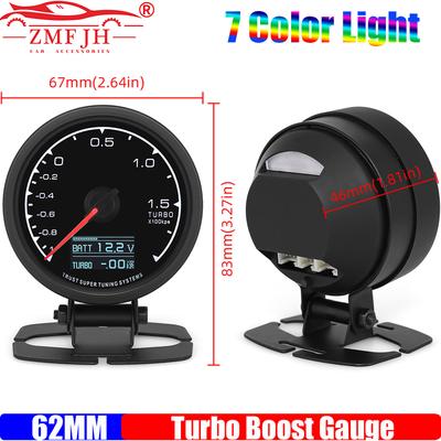 ZMFJH Pointer 62mm Turbo Boost Gauge with Sensor 7 Color Backlight -1~2X100Kpa Digital Turbo Meter Holder Bracket for Car 12V