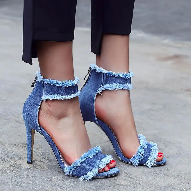 New Fashion Women's Denim Sandals Trendy Casual High Heels Party Trend Solid Color Back Zipper High Heel Sandals