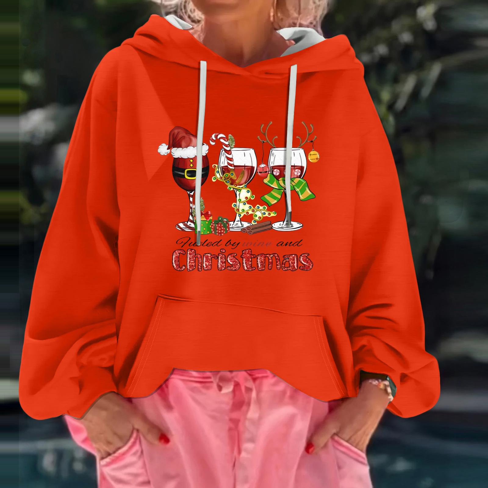 

Women s Christmas Print Loose Casual Long Sleeve Hooded Sweatshirt L киноварь