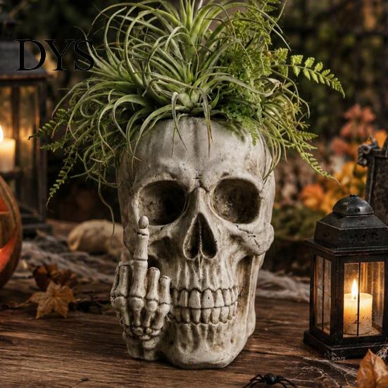 Punk-Stil Zimmerzubehör Gothic Totenkopf Pflanzgefäß mit Mittelfinger-Design, Harz Skelett Blumentopf Halloween Party Dekoration für Sukkulenten,