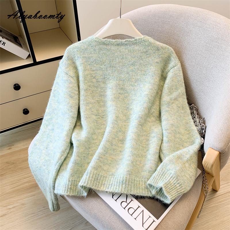 Korean Fashion Autumn Winter Women Sweater O Neck Yellow Pink Green Floral Knitting Cardigan Knitted Sweet Basic Ladies' Outerwear