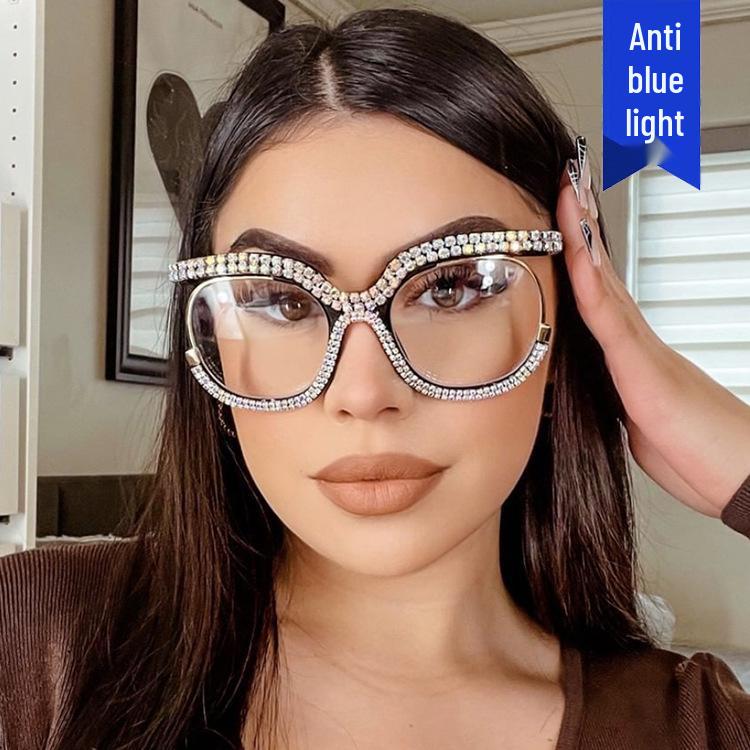 2022 Trendy Rhinestone Owl Large Anti-Blue Light Eyeglass Frame for European & American Styles