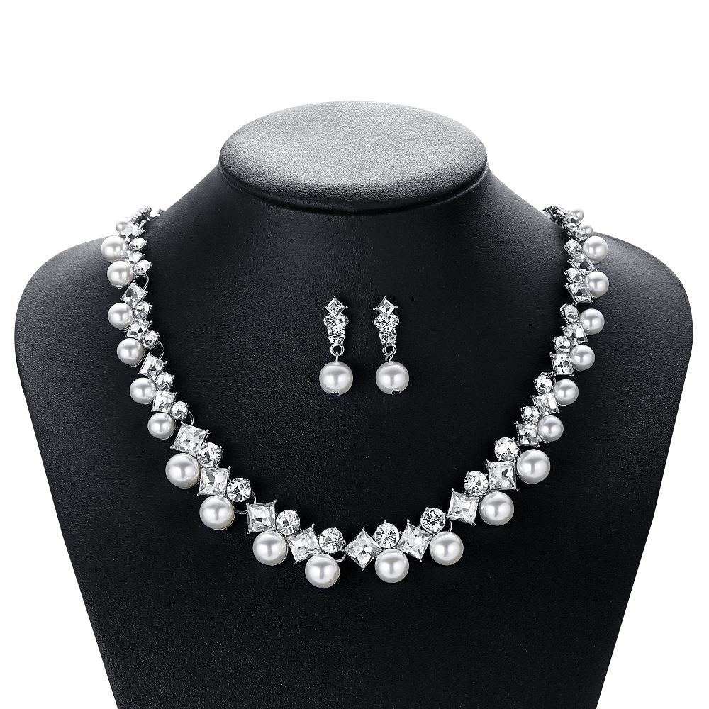 Bridal Pearl Necklace & Earring Set with Rhinestone Crystals for Women