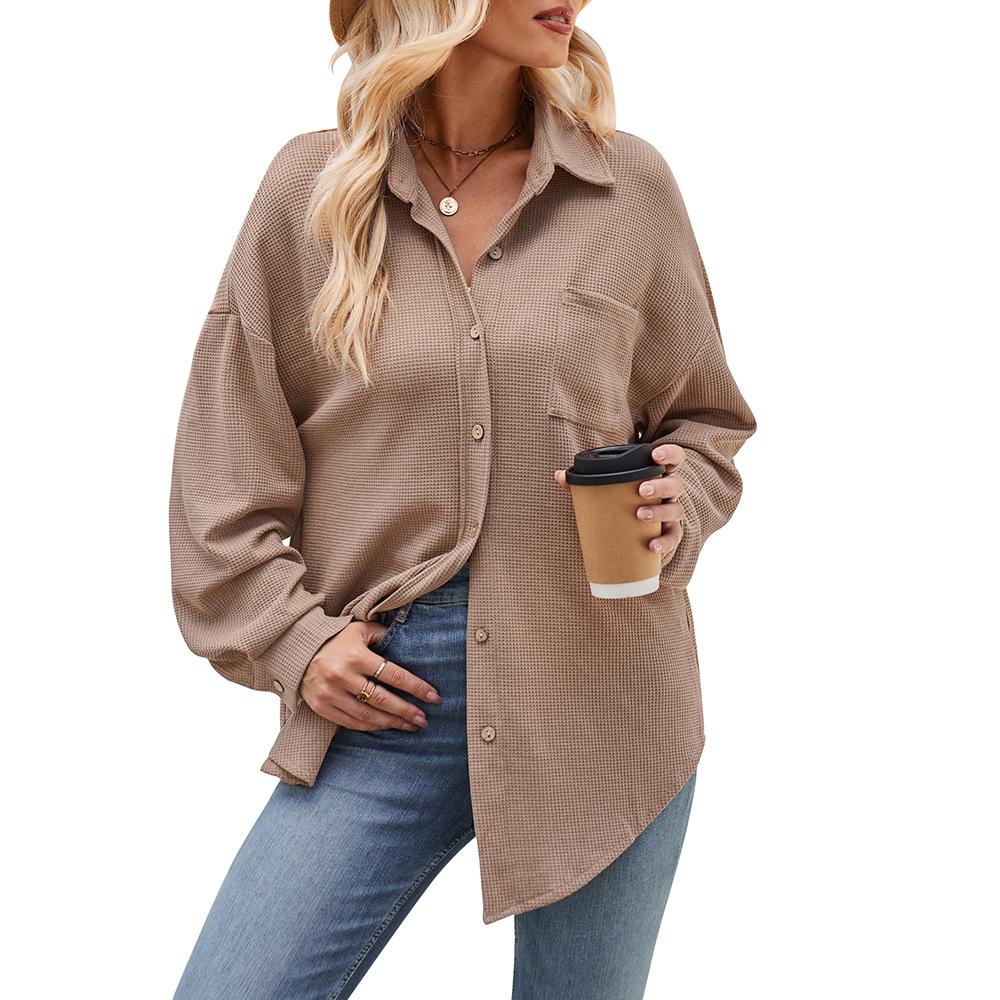 Dames Herfst en Winter Casual Losse Zak Wafel Mode Shirt