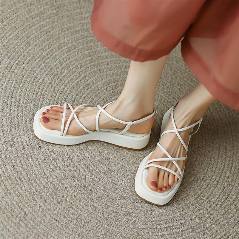 Meotina Femmes chaussures en cuir véritable plate-forme été boucle sandales sangle croisée chaussures pour dames abricot jaune cuir de vache