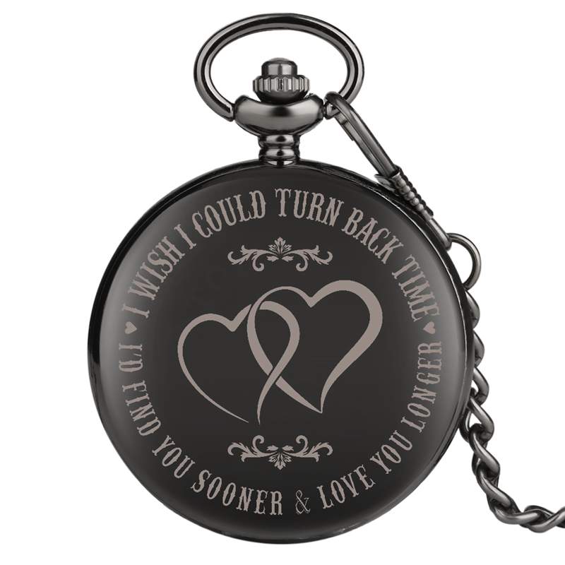 

I WISH I COULD TURN BACK TIME Theme Retro Black Smooth Quartz Unique Engraved Custom LOVE Pocket Watch With 30cm Chain Gifts Box