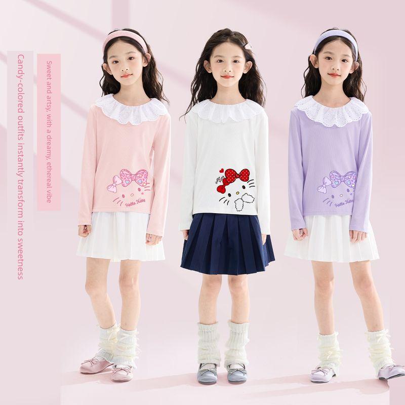 Hello Kitty Girls' Spring Outfit 2026 New Long-Sleeved Skirt White Kidsren's Spring Two-Piece Set