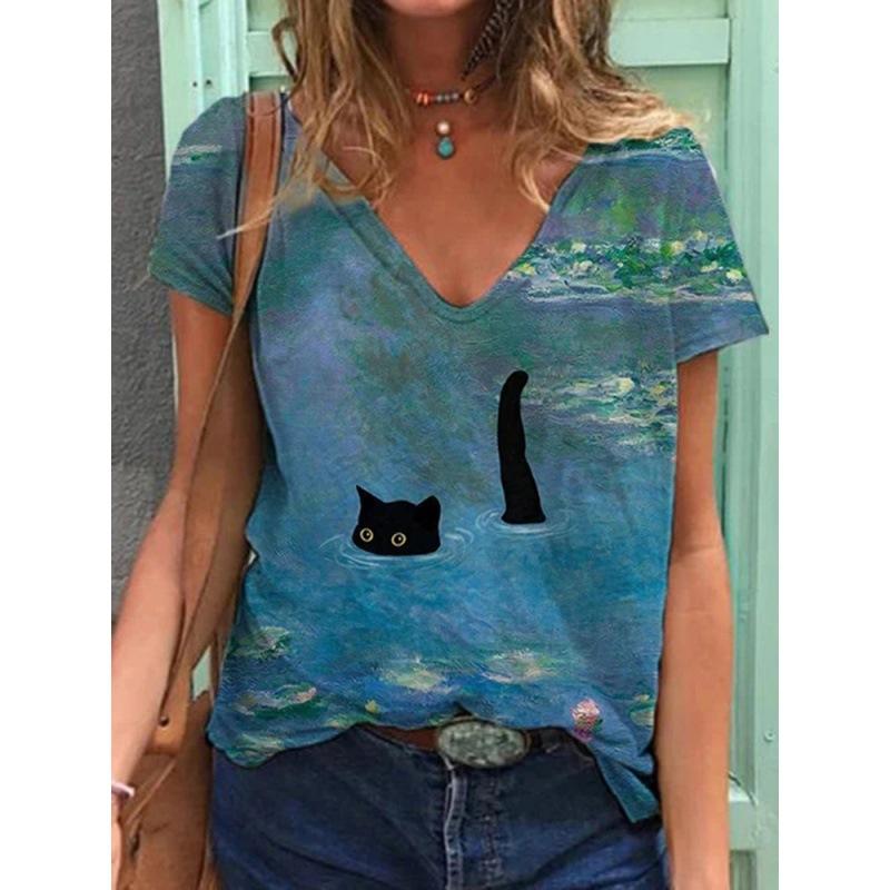 Summer Loose Couples T Shirt Fashion Women V Neck Short Sleeve Tops Casual 3D Floral Print T Shirts