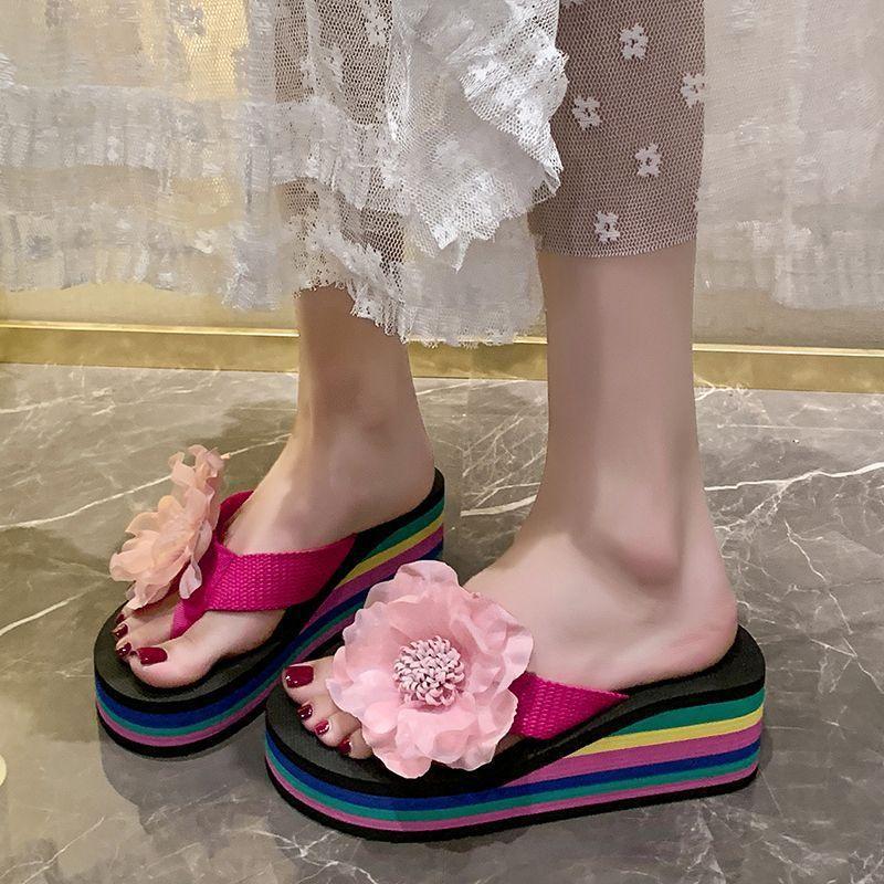Fairy flower high heel one-word slippers female 2025 outer wear fashion with skirt thick bottom slope heel beach cool slippers